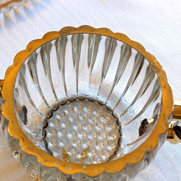 Vtg Jeannette Glass Creamer Sugar Bowl & Serving Tray Set Ribbed Gold Bubble - Picture 2 of 16